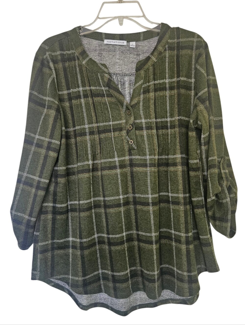 Notations Partial Button Placket Roll Tab Sleeves Tunic Women L